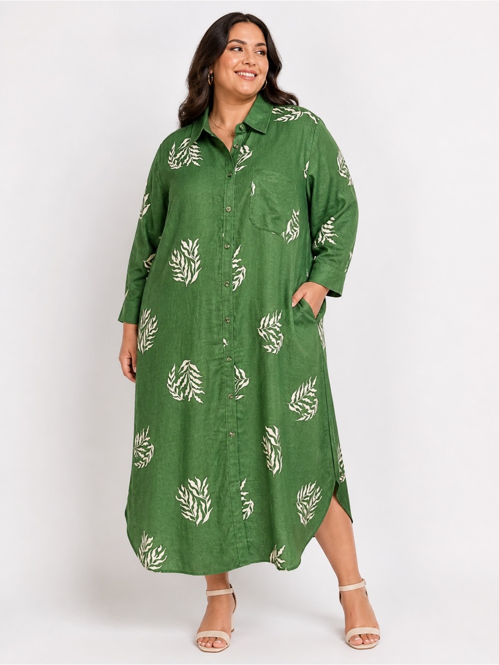 Universal Standard Button Front Linen Blend Maxi Dress in Green Leaf Motif